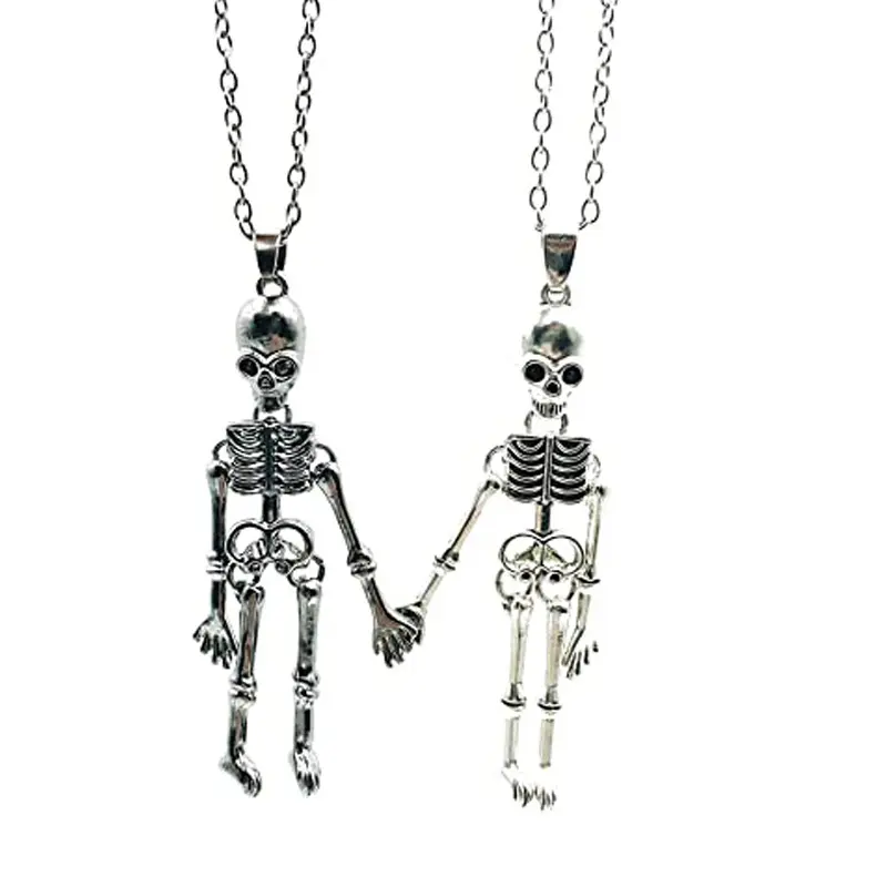 Punk Halloween Necklace Retro Skeleton Ghost Necklaces Best Friend Couples Hold Hands Skull Necklaces for Women Girl