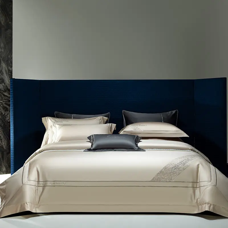 Holesale-ropa de cama de estilo europeo, juego de sábanas de algodón 100% con funda nórdica bordada, color gris
