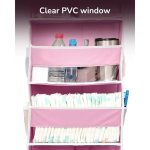 Organisateur de porte suspendu en tissu non tissé rose avec 5 grandes poches et 10 poches latérales en filet pour rangement de bébé - Product Image 3