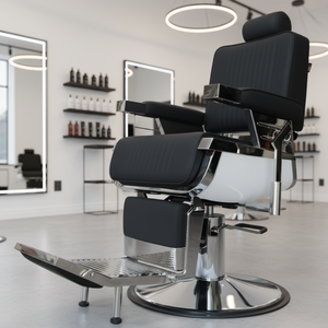 Sillón de Barbería para Hombre, de Lujo, de Acero Inoxidable, para Salón de Belleza, Personalizable en Color y Logotipo, Reclinable y con Elevación - Product Image 1
