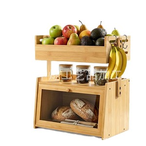 Boîte à pain en bambou à double étage, étagère de rangement pour fruits et légumes, organisateur de comptoir de cuisine avec crochet pour bananes et porte en verre - Product Image 1