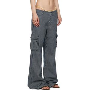 2023 Custom Casual comodi <span class=keywords><strong>pantaloni</strong></span> a gamba larga in cotone a righe nere <span class=keywords><strong>pantaloni</strong></span> Cargo a vita bassa <span class=keywords><strong>pantaloni</strong></span> <span class=keywords><strong>eleganti</strong></span> da donna - Product Image 2