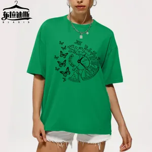 summer decoration T shirt 300gsm t shirt round neck plus size women's top fashion Clock butterfly print short sleeve T-shirt