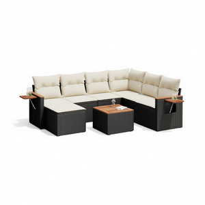 Black Pe <b>Rattan</b> Garden <b>Sofa</b> Set With Adjustable Feet Outdoor Furniture Contemporary Design Teak Wood Accents 6 Seater - Product Image 1