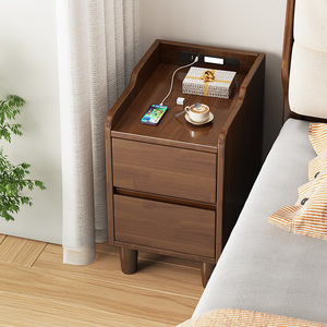 Table de chevet en bois massif de style nordique avec chargeur sans fil, mobilier de chambre moderne et minimaliste pour usage domestique - Product Image 3