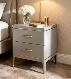 Luxury Silver Finish Solid Wood Nightstand,2 Drawer Gold Pull Tapered Leg Bedside Cabinet for Modern Glam Bedroom <b>Night</b> <b>Stand</b> - Product Image 5