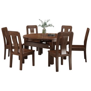 Modern Chinese Style Convertible <b>Folding</b> <b>Dining</b> <b>Table</b> And <b>Chair</b> Set 6 Piece Golden Walnut Wood <b>Dining</b> Room Set - Product Image 1