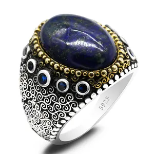 Natural Lazuli Ring for Men with Large Stone 925 Sterling Silver Vintage Antique Carved Male Rings Turkish Jewelry Precious Gift