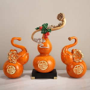Ornement en forme de gourde de style chinois, en résine, Feng Shui, décoration de salon, ensemble multi-pièces, orange avec base noire - Product Image 1