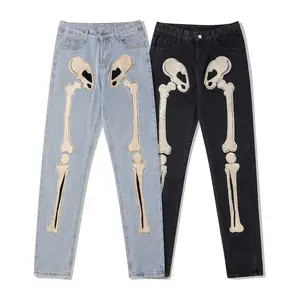 custom fashion men's skull bone print denim jeans high street hip-hop loose straight wide-leg pants