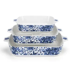 China Suppliers blue and white microwave ceramic baking pan tray with color box