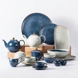 Yiyu — vaisselle en porcelaine en céramique gaufrée, bord doré, style espagnol, vaisselle de service, os fins, ustensiles chinois de haute qualité