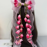 Fournisseur en gros de pinces à cheveux personnalisées avec nœud floral rose, long ruban, rose et pompon, pour femmes, accessoires capillaires pour mariage, fête et festival