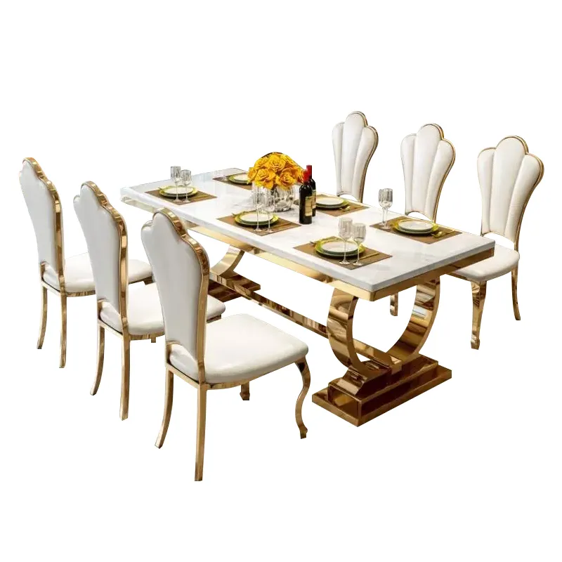luxury dining room furniture stainless steel complet rectangular marble top dining table and chair set