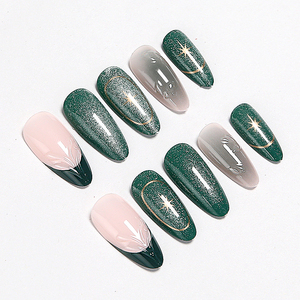 Faux ongles à presser en ABS, forme amande, vert pailleté, motif étoile dorée, style français, application facile, 24 pièces - Product Image 2