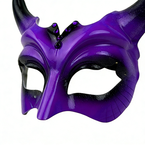 Máscara de media cara con cuernos de diablo morado, disfraz de cuento de hadas para Halloween - Product Image 2