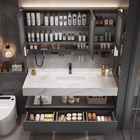 Ensemble de coiffeuse moderne gris clair avec lavabo en céramique mural et miroir à LED pour usage hôtelier