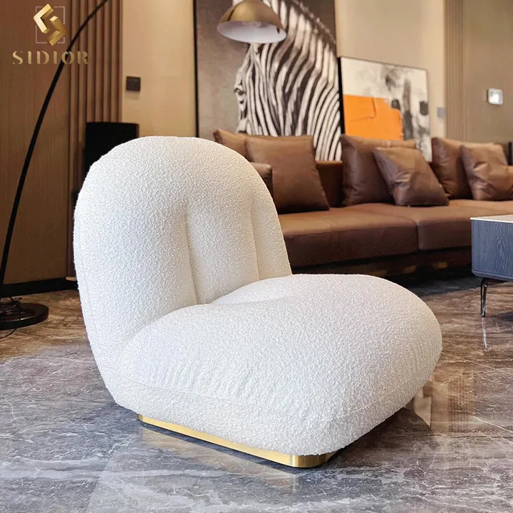 Modern nordic popular relax single white lazy leisure accent cute boucle swivel sofa chair for living room