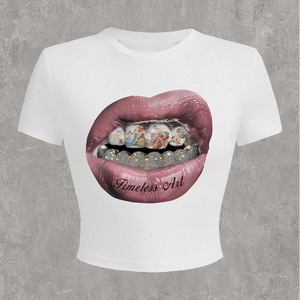 T-<span class=keywords><strong>shirt</strong></span> court pour <span class=keywords><strong>femme</strong></span>, imprimé lèvres sexy, style gothique Harajuku, coupe slim, été, mode urbaine, vente en gros - Product Image 2