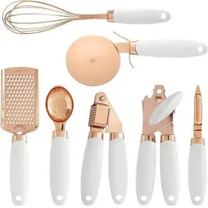 Juego de utensilios de cocina de acero inoxidable, 7 unidades, colores oro rosa, blanco, tacto suave