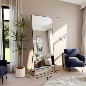 Full Length <b>Mirror</b> 56x21 Black <b>Rectangle</b> Floor <b>Mirror</b> With Stand Aluminum Alloy Frame Tempered Glass Minimalist Design - Product Image 2