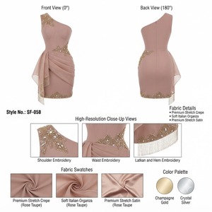 Robe fourreau mini rose taupe pour occasions formelles avec style asymétrique à une épaule, superposition en organza drapé et cristaux élégants - Product Image 3
