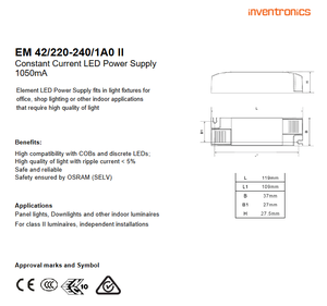 Fuente de alimentación LED OSRAM EM 42/220-240/1A0 II 42W 220-240VAC 1000mA 30-42V 1A0 Clase II SELV para panel de luz empotrada - Product Image 2