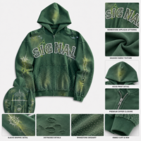 Sudaderas de algodón extragrandes con cuello redondo y bordado de apliques personalizados para hombre, sudaderas con capucha pesadas con cremallera y pedrería desgastada