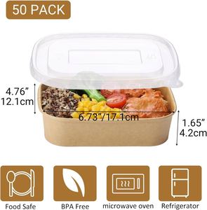 Recipientes desechables reciclables de papel kraft marrón rectangular de pared simple de 16, 24, 30 y 36 onzas para sopa, fideos, ensalada y comida con tapa. - Product Image 2