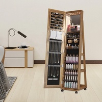 Armoire de rangement pour bijoux sur pied avec éclairage LED, verrouillable, miroir rotatif pleine longueur avec 4 roulettes