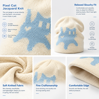 Bonnet en tricot jacquard Pixel Cat unisexe, style décontracté, chaud pour l'hiver, motif chat mignon, streetwear