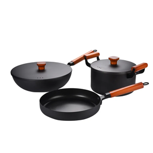 Vente directe d'usine - Wok et casserole en <span class=keywords><strong>fonte</strong></span> - Ensemble de 3 ustensiles de cuisine en <span class=keywords><strong>fonte</strong></span> antiadhésifs avec poignée en bois - Product Image 4