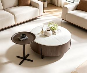 Modern Round <b>Coffee</b> <b>Table</b> <b>Set</b> Marble Top Wood Frame Storage Living Room Furniture - Product Image 1