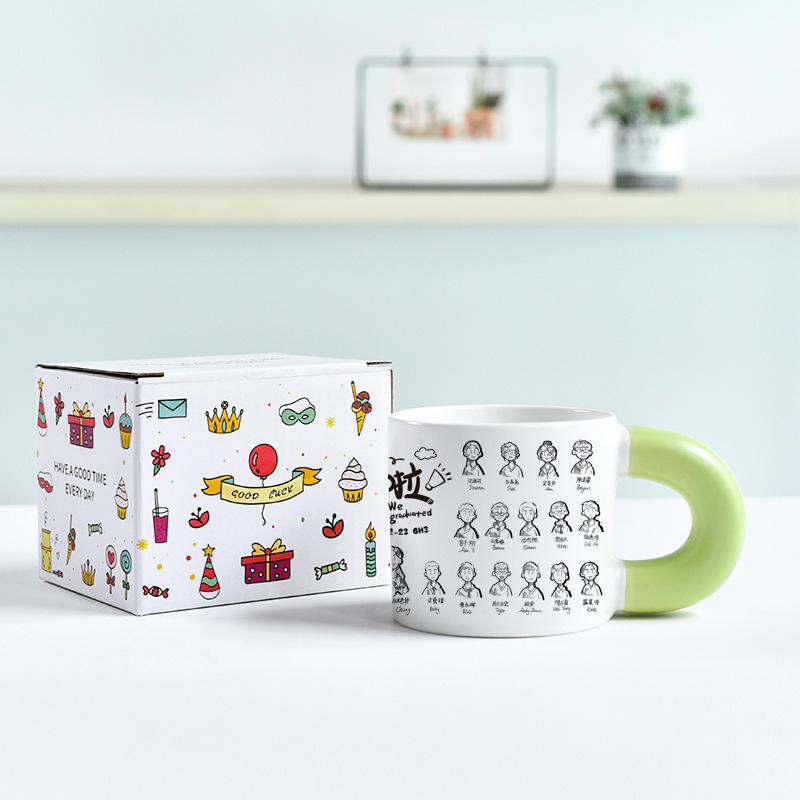 Matte white chubby cup with green handle cartoon color box