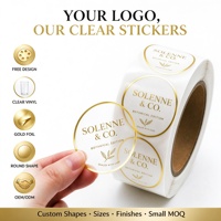 Étiquette adhésive transparente en vinyle imperméable avec logo personnalisé, cercle doré, rouleau d'autocollants transparents avec logo