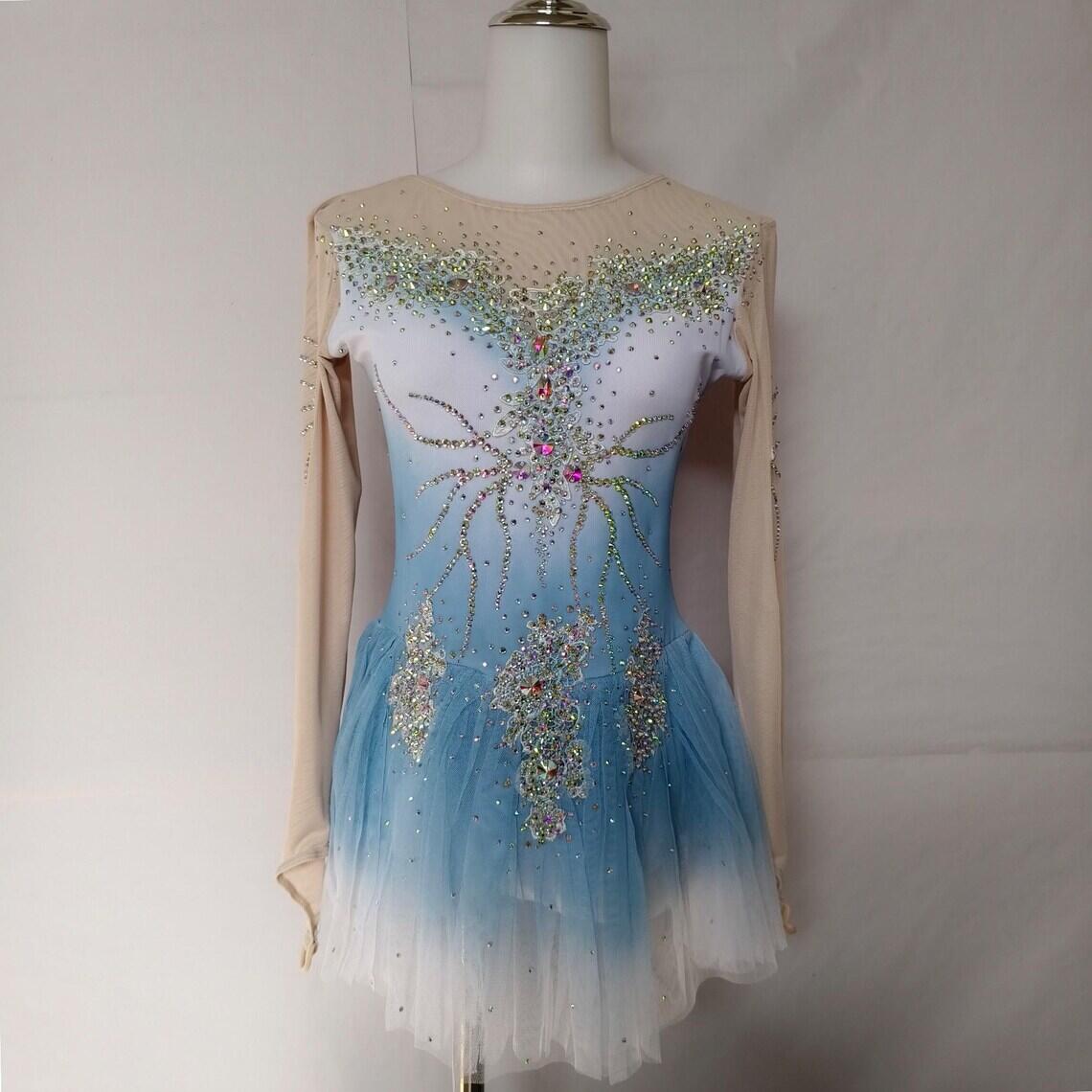 blue and white tropical dress Figure skating dress ice skating dress ice dance  Gymcostumes