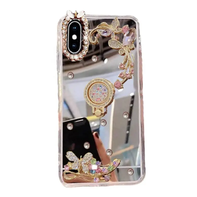 Housse de protection pour téléphone portable OPPO A57 F1S avec support pour femmes filles Rhinestone Diamond Mirror