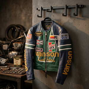 Vanson <b>Star</b> Motorcycle <b>Jacket</b> Genuine Cowhide Leather Solid Streetwear Windproof Eco-Friendly Heated Blue Red Green Made - Product Image 3