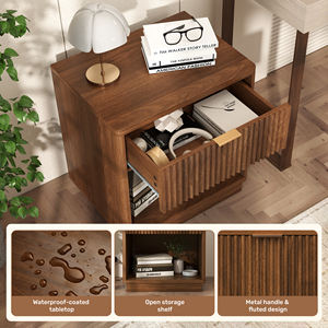 Mesita de Noche Moderna Multifuncional de Madera con Luces LED con Sensor, Puertos de Carga, Almacenamiento Abierto y Diseño Acanalado para Organizar el Dormitorio del Apartamento - Product Image 3