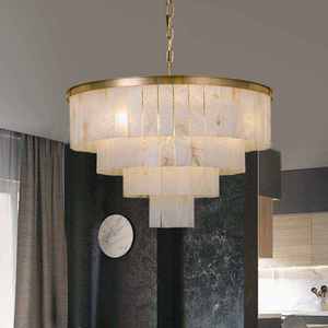 Lámpara de Araña Redonda Personalizada para Comedor, de Alabastro, con Marco de Latón Dorado, Luz LED 2700K, Blanco Cálido Suave para Sala de Estar - Product Image 2