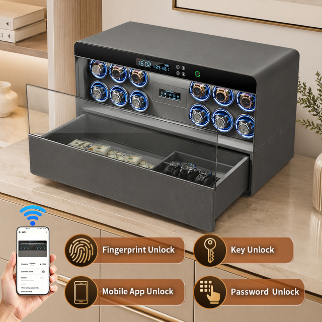 CEQSAFE New Arrivals Automatic Opening 12 Slots  Watch Winder Safe Fingerprint Unlock Auto Door System for Luxury Timepieces