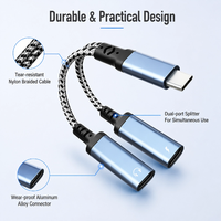 Divisor de Audio y Carga Tipo-C 2 en 1, Cable Corto Mini con Trenzado de Nailon, Carga Rápida PD, Adaptador de Audio
