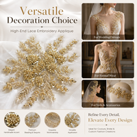 Applique en dentelle perlée et pailletée dorée, patch brodé fait main de luxe, motif floral à coudre pour robes de mariée et de soirée