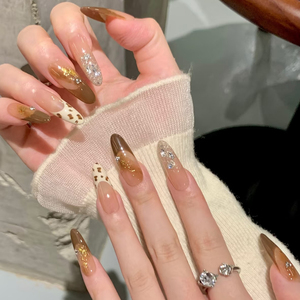 Faux ongles à presser en amande marron nude avec strass, réutilisables pour fêtes, mariages, usage quotidien, Thanksgiving et Halloween - Product Image 2