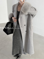 Manteau long en laine de luxe pour femme, blanc uni, à double boutonnage, avec revers en polaire et manchette en fourrure de renard amovible