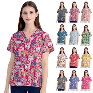 2024 personalizado OEM 100% puro algodón Unisex Animal Floral lindo impreso enfermería Scrub Top camisa para clínica dentista esteticista