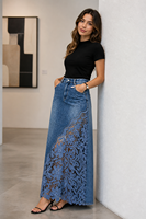 Jupe longue en jean pour femme, asymétrique, avec patchwork de dentelle florale, style vintage délavé, coupe trapèze, élégante, dentelle ajourée