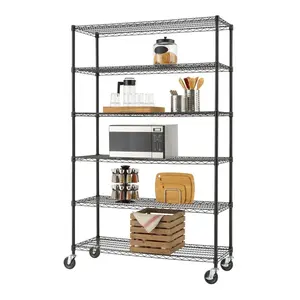 24"D x 48"W x 79"H Good Quality 6 Tiers Black Powder Coated Storage Racks Adjustable Heavy Duty Wire Shelving with Wheels