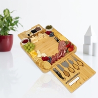 Grande planche à fromage en bambou avec tiroir coulissant, plateau de charcuterie multifonctionnel, couteaux à fromage et bols en céramique