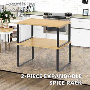 Lot de 2 petites étagères de rangement de cuisine extensibles en métal et bois de bambou, étagère à épices de type debout pour support de placard à usage domestique - Product Image 2